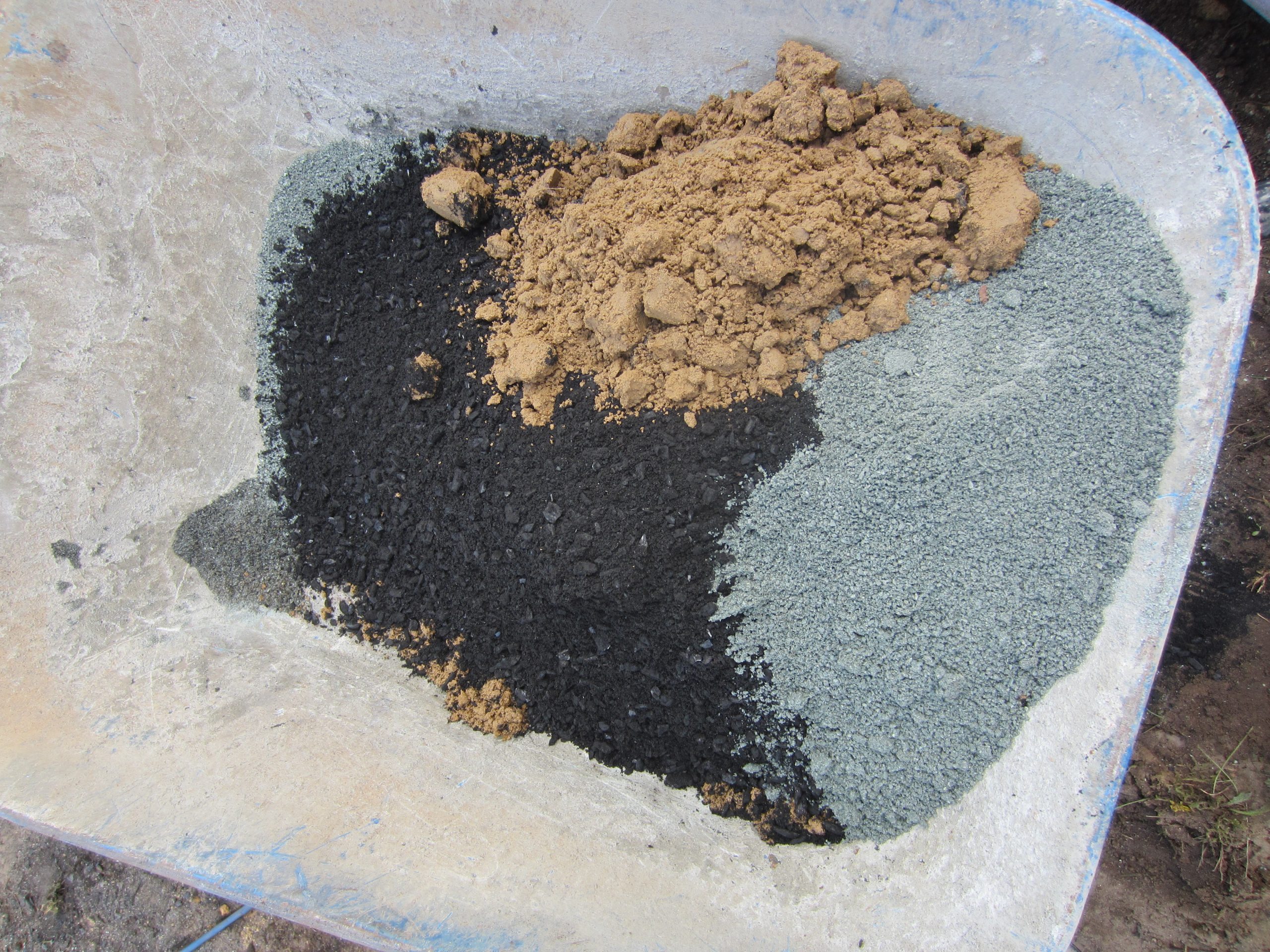 Das Bild zeigt Lehm, Gesteinsmehl und Kohle in einer Schubkarre.